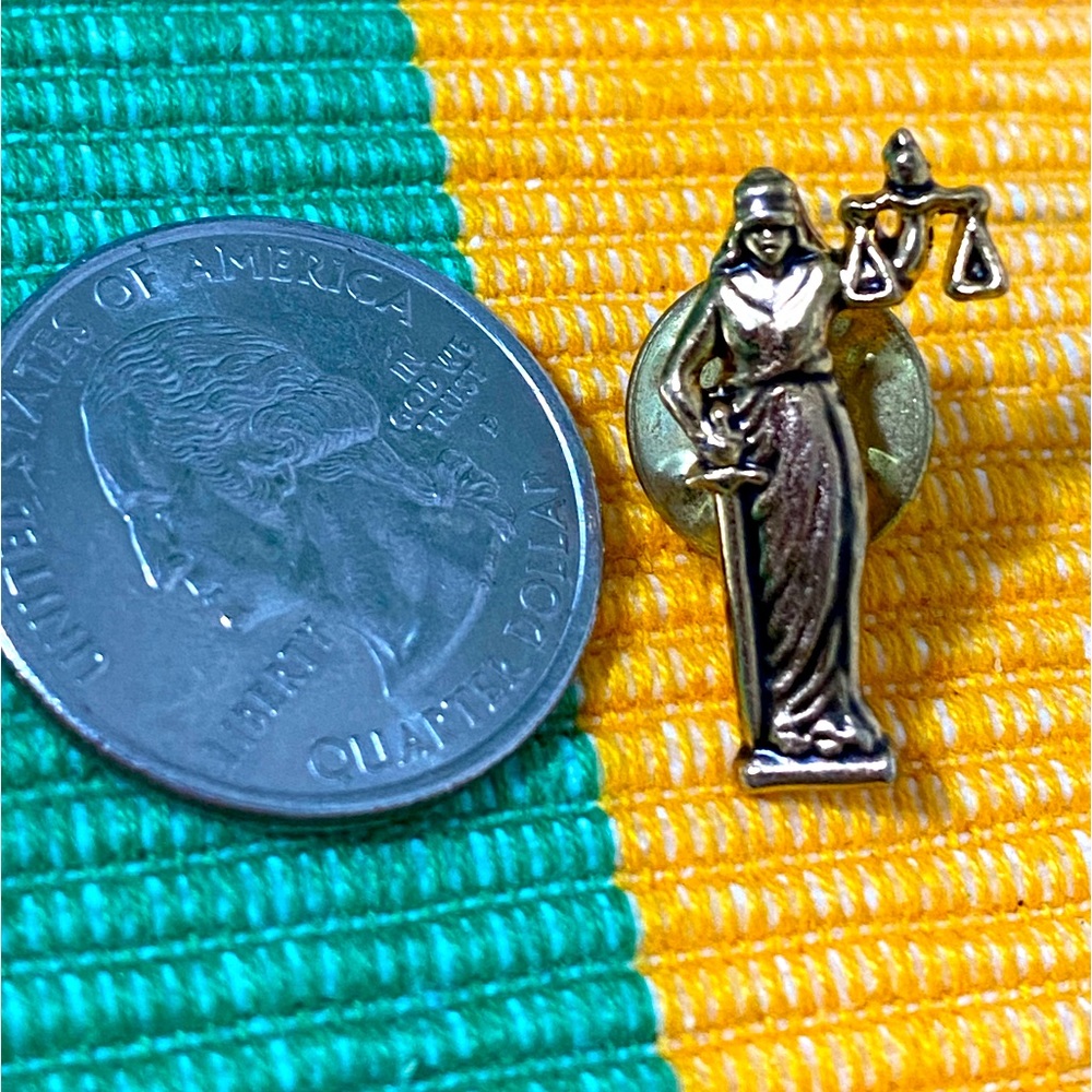 Gold tone Lady of Justice with Scales and Sword Lapel Pin